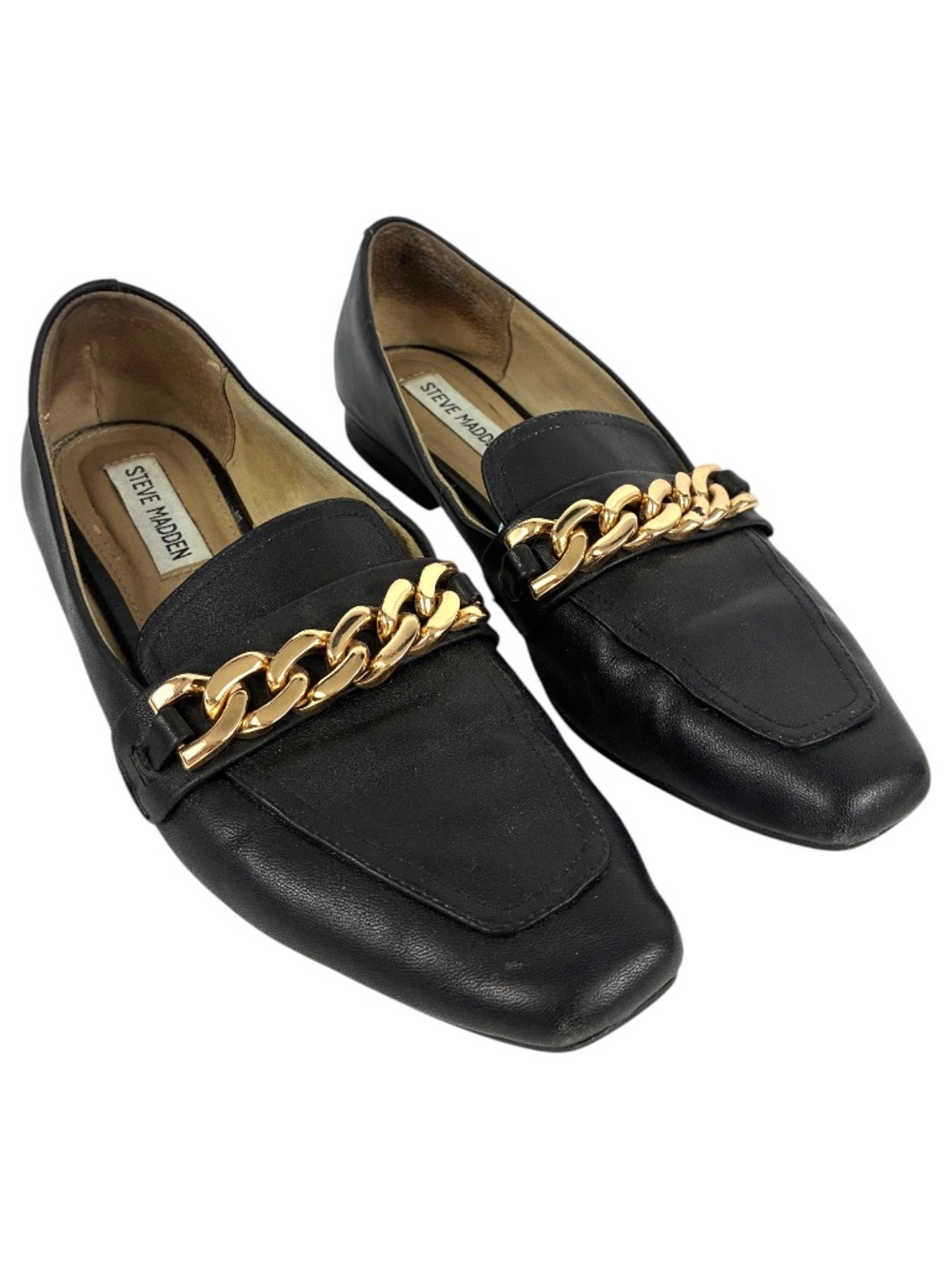 Steve Madden Rilynn Chain Loafer 8.5 Black Leather Square Toe Flat Shoes Smoking